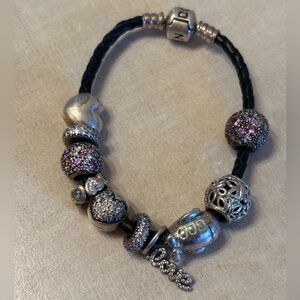 Pandora Black and Silver Charm Bracelet with Pink Accents